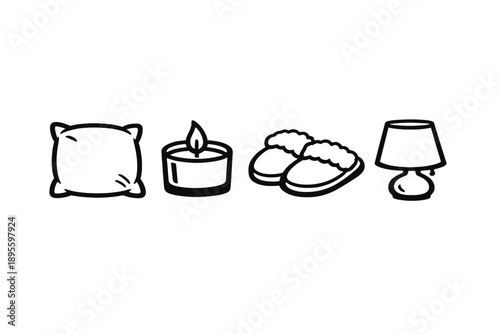 Cozy home comfort basics in outline vector style: pillow, candle, slippers, table lamp