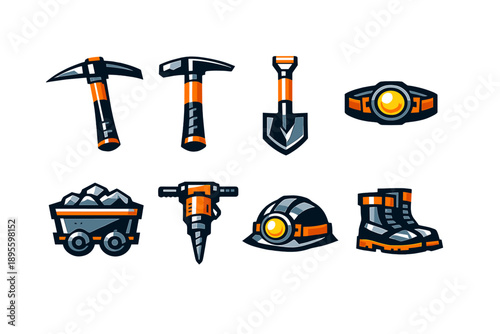 Mining operations underground tools in bold vector style: pickaxe, rock hammer, shovel, headlamp, ore cart, blasting drill, safety helmet, steel boots