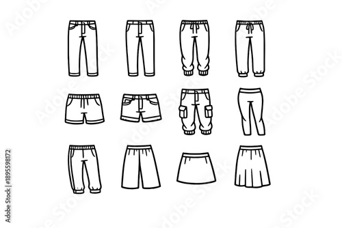 Casual Wear Bottoms in outline vector style: jeans, chinos, jogger pants, sweatpants, shorts, denim shorts, cargo pants, leggings, track pants, culottes, skirt