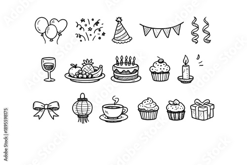 Celebration and togetherness doodle style: balloons, confetti, party hat, banner, streamers, wine glass, fruit platter, cake, cupcake, candle, ribbon, lantern