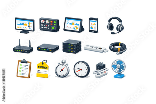 Operational Monitoring Tools isometric flat style: dashboard screen, control panel, tablet device, smartphone, headset, router, modem, server box, power strip