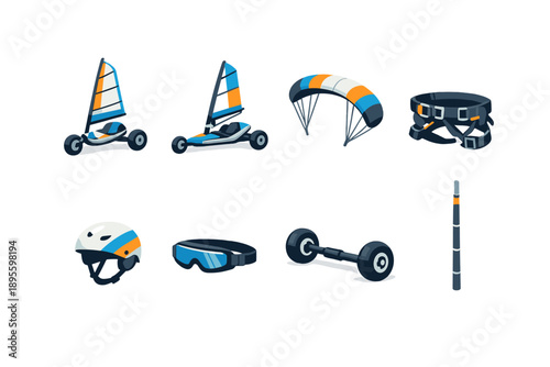 Wind powered travel gear in isometric flat style: sail cart, land yacht, wind kite, harness belt, helmet, goggles, wheel axle, mast pole