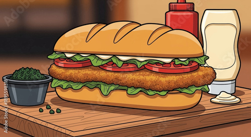A colorful cartoon illustration depicts a fried chicken sandwich with lettuce tomato and mayonnaise accompanied by condiments high quality professional detailed modern elegant stylish