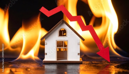 A miniature white house faces downward decline, with a vivid backdrop of flames, symbolizing financial hardship