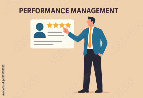 Performance management employee evaluation review, yearly appraisal or staff career development, employee measurement concept, businessman manager giving stars review on performance management.