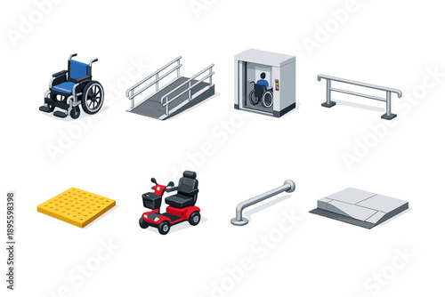 Accessible mobility services isometric flat style: wheelchair, ramp, elevator, handrail, tactile paving tile, mobility scooter, grab bar, curb cut