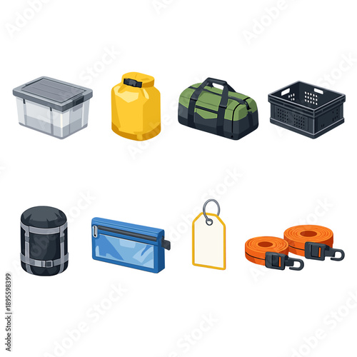 Temporary shelter storage items in isometric flat style: plastic storage bin, dry bag, duffel bag, storage crate, compression sack, zip pouch, label tag, cargo