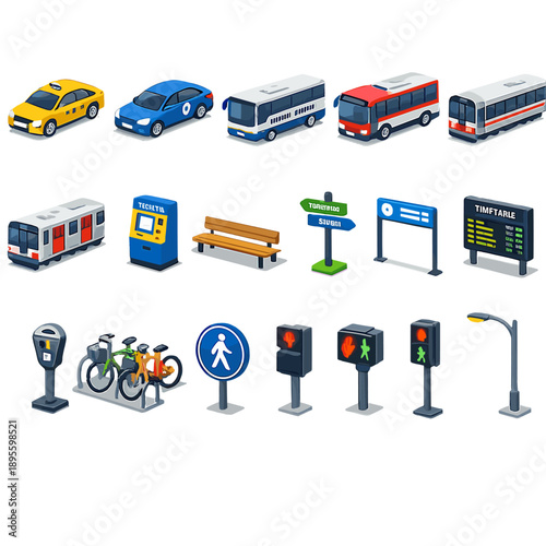Ground Transportation Alternatives in isometric flat style: taxi car, rideshare car, airport shuttle bus, city bus, train carriage, subway train, ticket machine