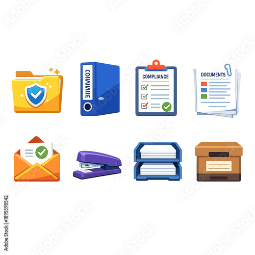 Compliance documentation materials in flat style: document folder, binder, clipboard, paper stack, envelope, stapler, paper tray, archive box