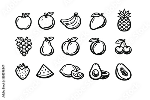 Agricultural Fruit Harvest in outline vector style: apple, orange, banana, mango, pineapple, grape bunch, pear, peach, plum, cherry, strawberry, watermelon