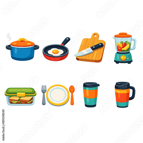 Busy family kitchen essentials in flat style: cooking pot, frying pan, cutting board, kitchen knife, blender, food container, dining plate, insulated mug