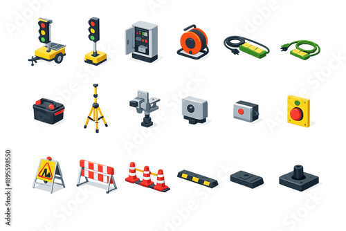 Traffic Control Setup isometric flat style: signal light trailer, temporary traffic light, control cabinet, cable reel, extension cord, battery box, tripod
