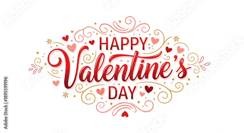 Celebrate love and affection with a festive Happy Valentine's Day graphic featuring hearts, swirls, and sparkling accents