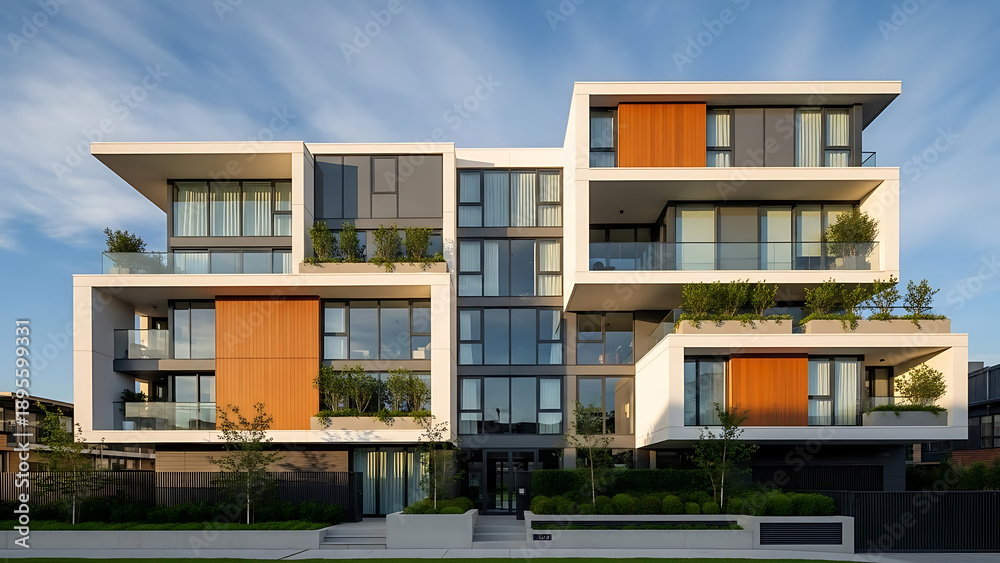Fototapeta premium Contemporary Apartment Building with Modern Design and Landscaping