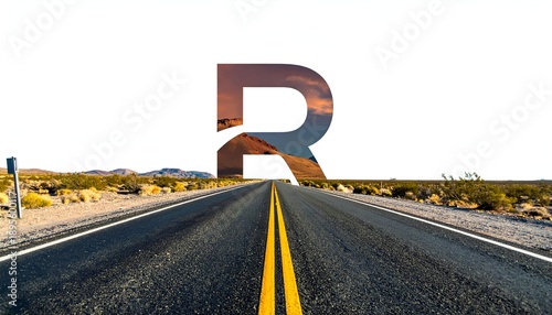 A road stretches into the horizon, the letter R overlayed with a desert landscape, set against a stark white background