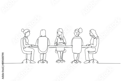 Continuous one line drawing five professional women sitting at long table for meeting. Female colleagues and leader in focused boardroom discussion. Single line draw design vector graphic illustration