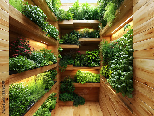 Vertical Garden with Lush Greenery and Wooden Shelves.