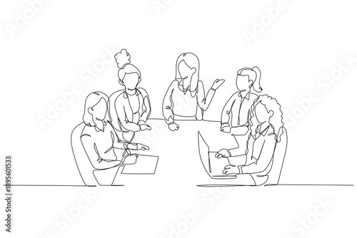 Continuous one line drawing five women engaged in strategic conference. Central figure lead conversation while colleagues focus on laptop and notes. Single line draw design vector graphic illustration