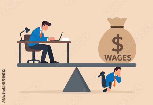  Wages, salary or income, work hard for money or incentive motivate to work overtime, overworked and life balance concept, businessman working hard on busy desk seesaw balance with wages money bag.