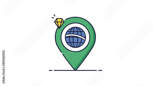 Green Map Pin with Globe Icon and Diamond.