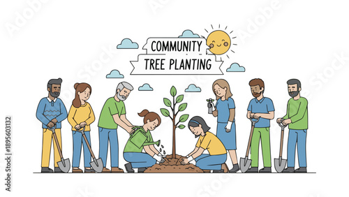Community Tree Planting Together – Environmental Volunteer Vector Illustration for Ecology, Sustainability, and Teamwork Campaigns