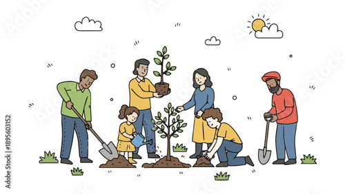 Community Tree Planting Together – Environmental Volunteer Vector Illustration for Ecology, Sustainability, and Teamwork Campaigns