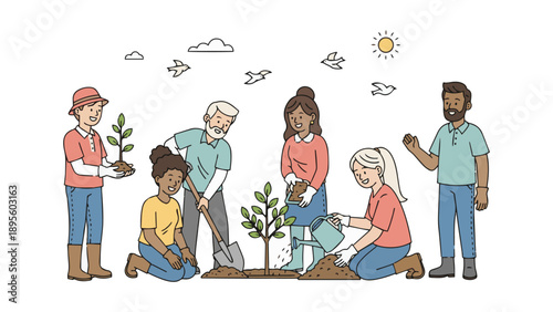 Community Tree Planting Together – Environmental Volunteer Vector Illustration for Ecology, Sustainability, and Teamwork Campaigns