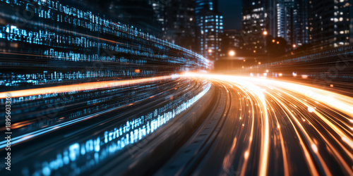 Abstract digital data stream flowing through a futuristic city at night with light trails