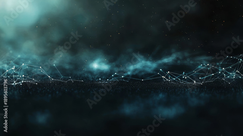 Abstract digital network connections in a dark, misty, futuristic landscape with glowing particles