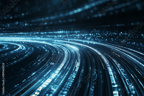 Abstract blue light trails curving into the distance, representing data flow and speed