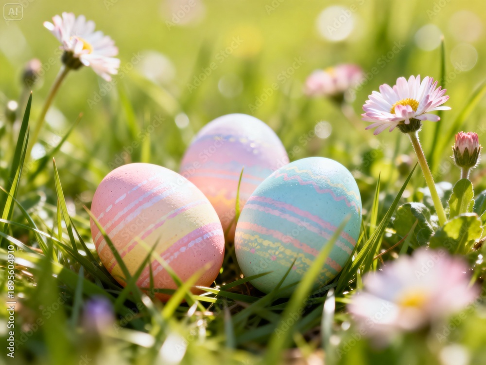 Fototapeta premium A dreamy Easter spring scene, cinematic macro close-up of fresh green grass and flowers