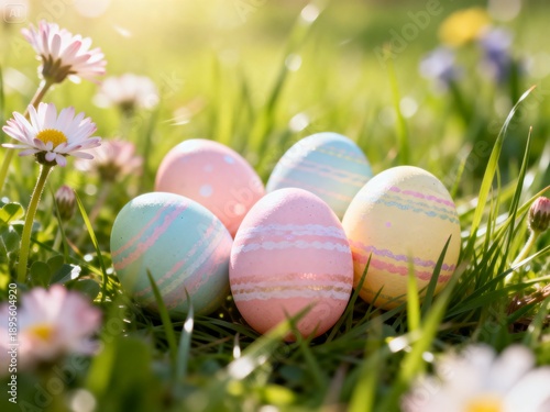 A dreamy Easter spring scene, cinematic macro close-up of fresh green grass