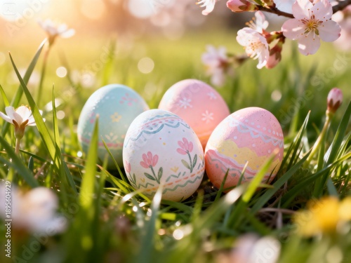 A dreamy Easter spring scene, cinematic macro close-up of fresh green grass