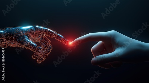 Human hand and robotic hand fingers gently touching, a bright red light marking the point of contact. Representing technology, partnership, and artificial intelligence