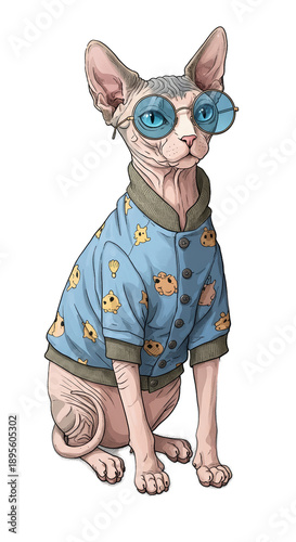 Sphynx Cat Wearing Blue Bom...