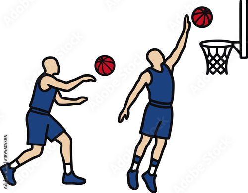 Basketball Players Passing Ball and Layup Shot Action Flat Vector Illustration Set Isolated on White Background
