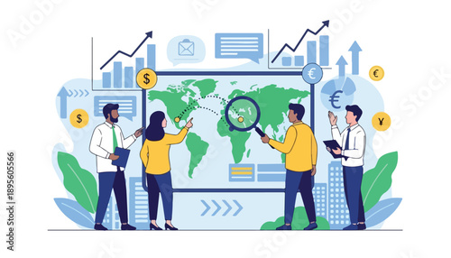 Business team analyzing global market trends and financial data on a world map with charts and currency symbols.