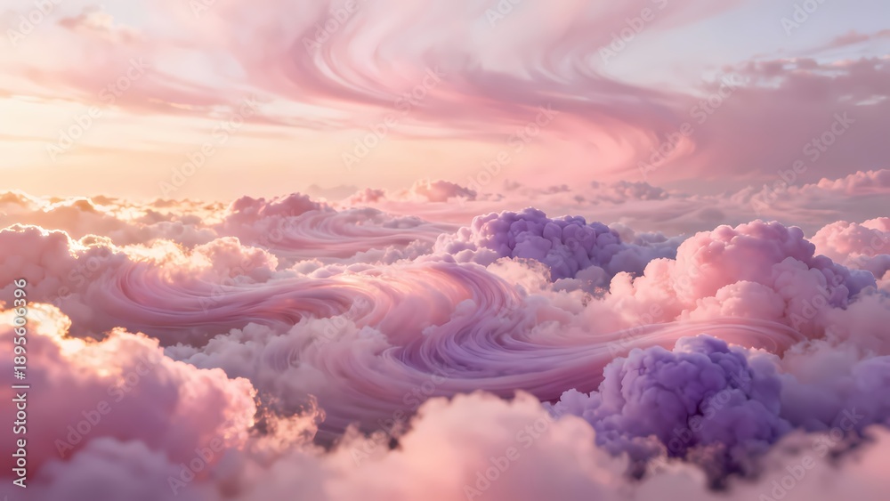 Obraz premium Fluffy Pink and Lavender Clouds Illuminated by Warm Light at Sunset
