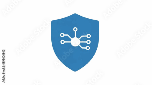 Blue shield with white circuit symbol.