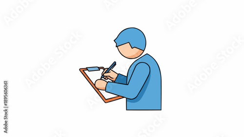 Person wearing blue shirt writing.