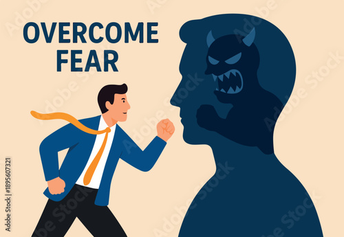 Overcome fear, courage or daring confidence to win business, leader determination, calm or hope to belief in yourself, difficulty concept, courage businessman fighting fear monster inside himself.