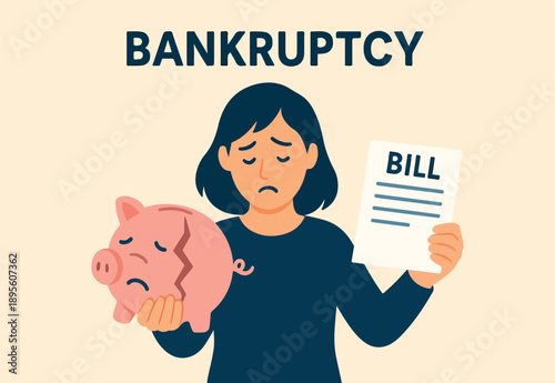  Overspending causing bankruptcy, broke or financial problem, poor and poverty, loan or bill payment overdue, expense concept, sad depressed woman holding bill payment on broken piggy bank money