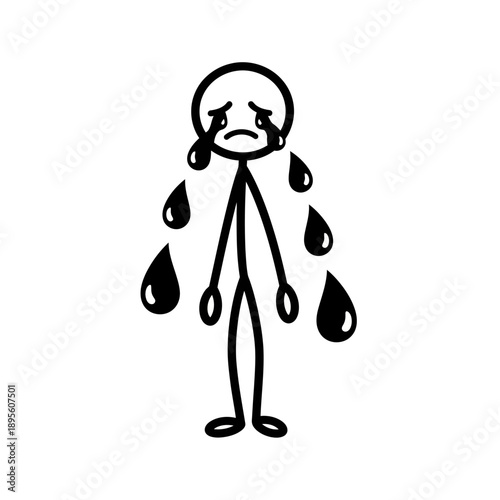 Simple black and white drawing of a sad stick figure crying with tears.