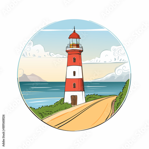Illustrative portrayal of a majestic lighthouse standing tall by the coast scenery horizon