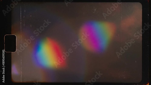 Abstract cinematic light leak overlay footage colorful rainbow light flares drifting slowly over deep black background vintage analog film burn look visible film grain dust scratches subtle flicker ex