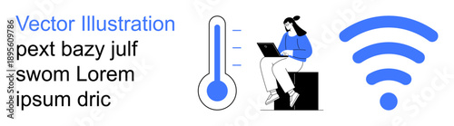 Digital technology, remote work, internet access, communication, smart devices, wireless network. A woman using a laptop with wireless and temperature icons. Remote work and internet access concept