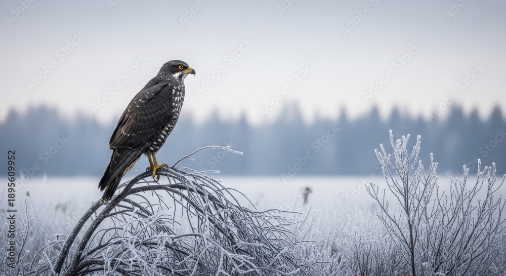 Fototapeta premium A majestic dark falcon with piercing yellow eyes perches on frosted branches, surveying a serene winter landscape amidst icy bushes and a misty forest.