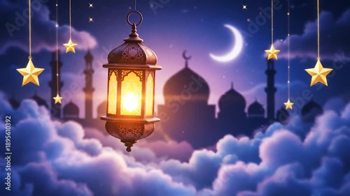 Lantern Glows, Stars Twinkle, and Clouds Drift Over Mosque at Night.