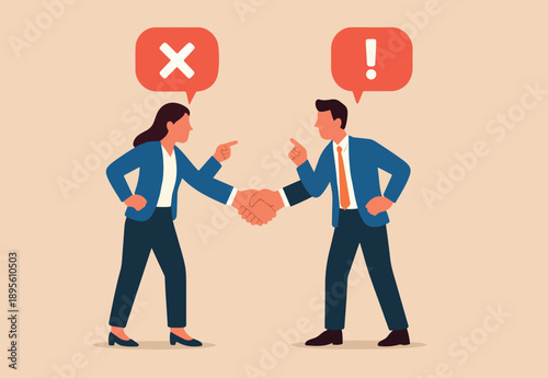 Respect different dissent, accept conflict opinion for work collaborate, professional work discussion concept, businessman and woman fighting or arguing on work with sign of respectful handshaking