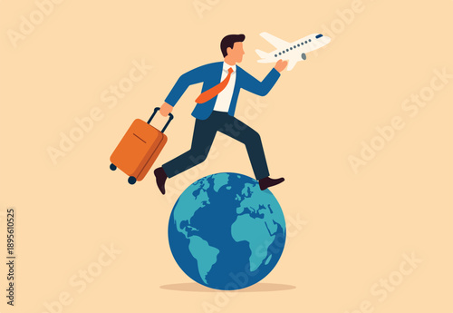  Travel passion when the world open after COVID-19, global tourism growth and tourist return their travel plan concept, happy man holding airplane and vacation baggage running on world map globe.